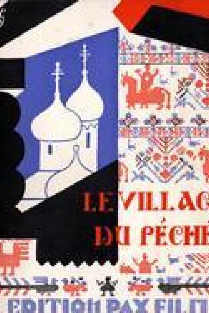 Ein Filmposter für „Le Village du Péché“ mit einer russischen Kirche und traditionellen Motiven.