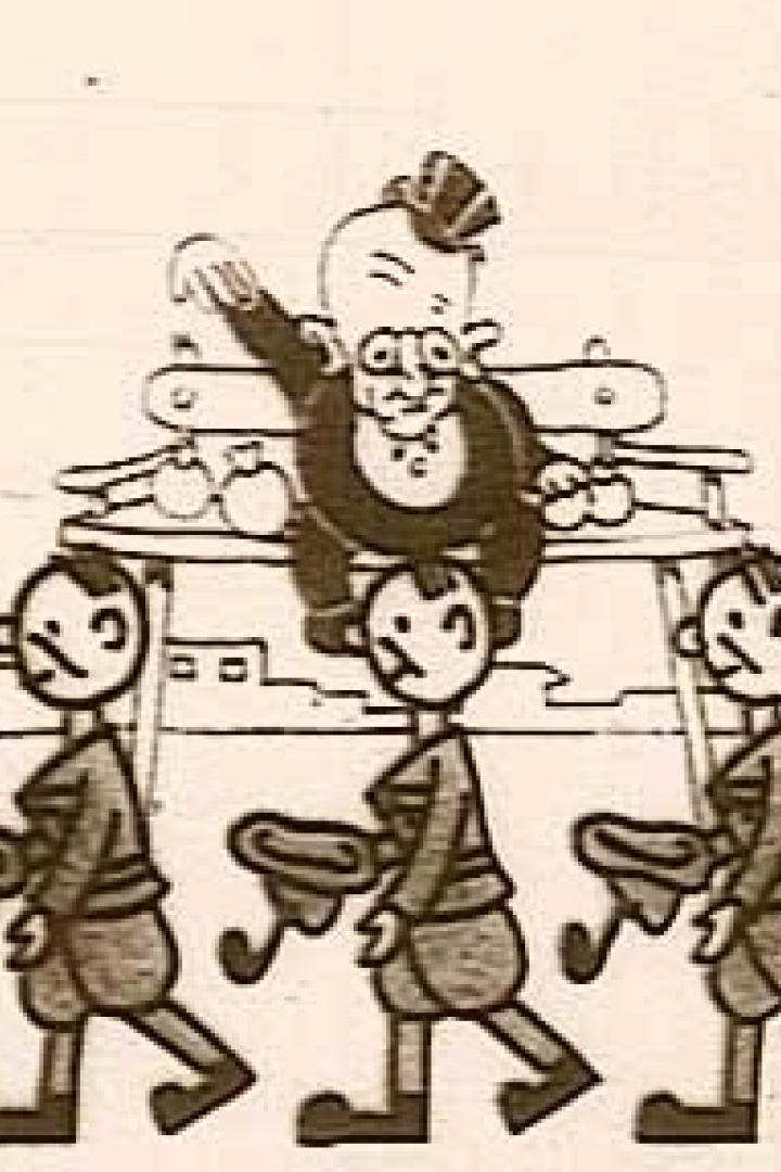 Eine Szene aus einem alten Zeichentrickfilm mit marschierenden Figuren und einer sitzenden Person.