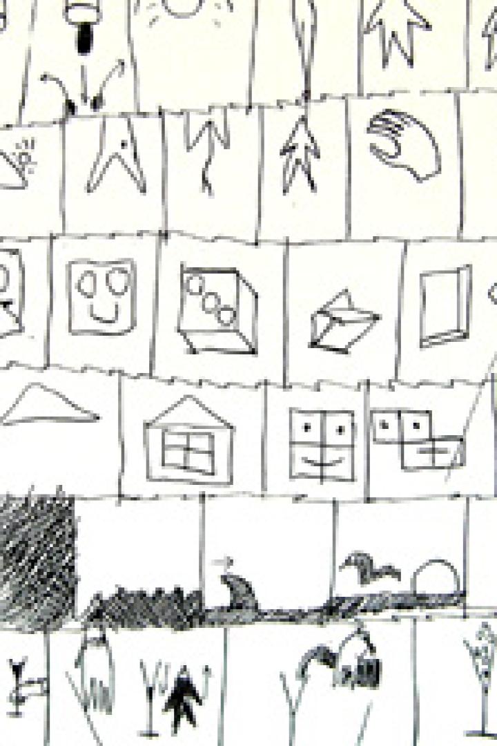Eine Zeichnung mit vielen kleinen, skizzenhaften Symbolen und Figuren auf einem Blatt Papier.