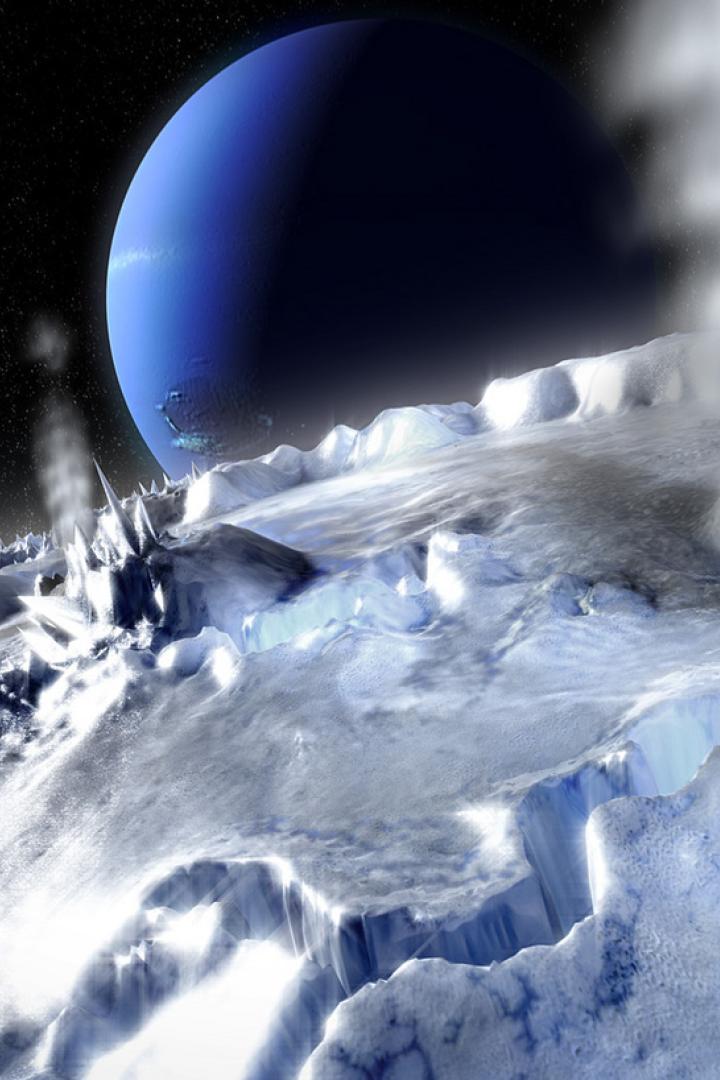 Eine eisige Landschaft mit einem blauen Planeten und aufsteigendem Dampf im Hintergrund.