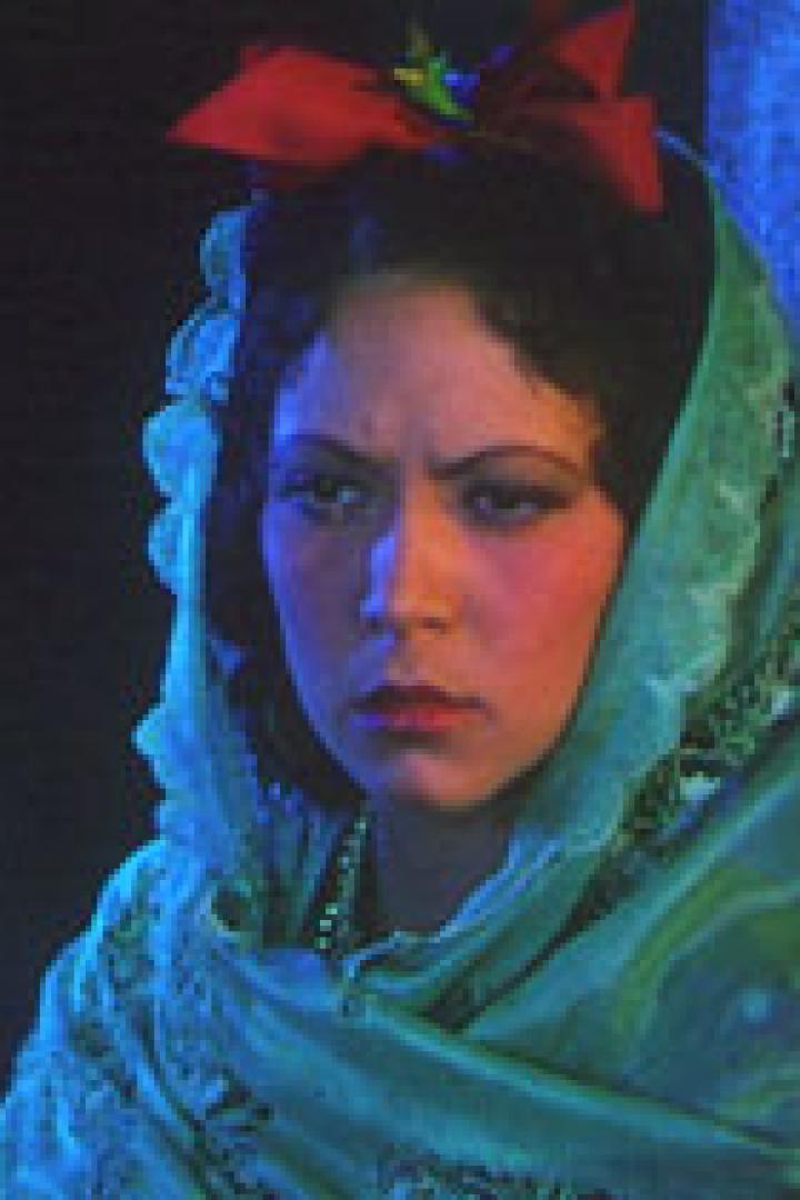 Eine Frau mit einem grünen Tuch und einer roten Blume im Haar blickt ernst.