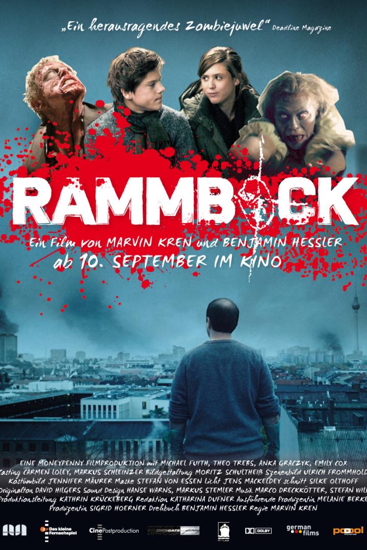Das Filmplakat für „Rammbock“ zeigt Zombies und einen Mann, der auf eine Berliner Skyline blickt.