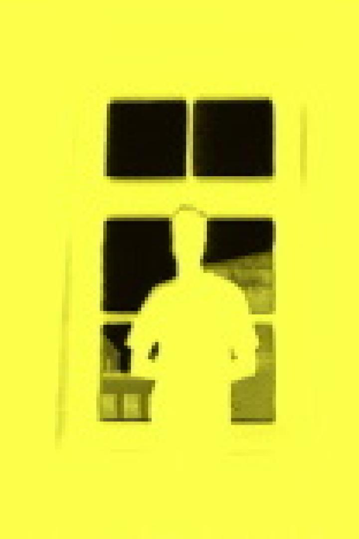 Eine gelbe Silhouette einer Person, die aus einem Fenster schaut.