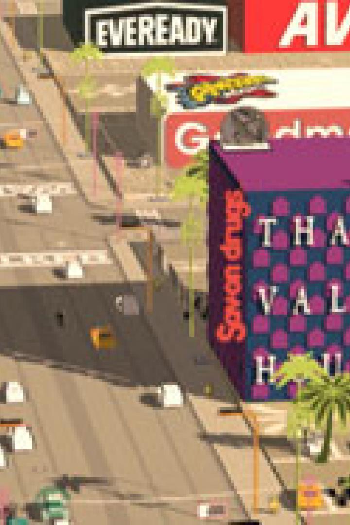 Eine belebte Stadtlandschaft mit einer Vielzahl von Werbetafeln bekannter Marken wie Best Western, Oreo und Blockbuster.