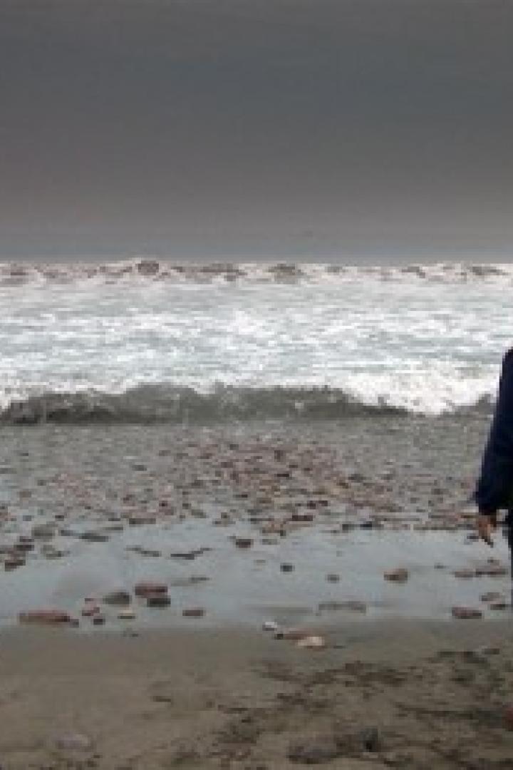 Ein Junge steht am Strand und blickt auf das Meer.