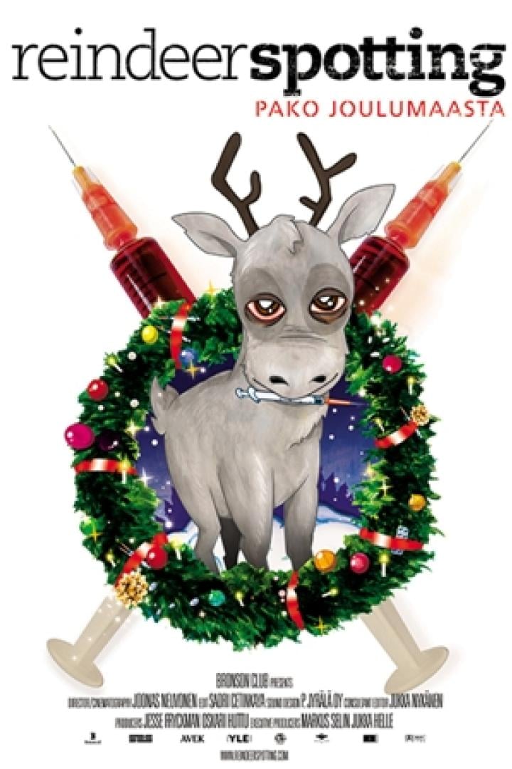 Das Filmplakat für „Reindeer Spotting: Pako Joulumaasta“ zeigt ein trauriges Rentier mit Spritzen.