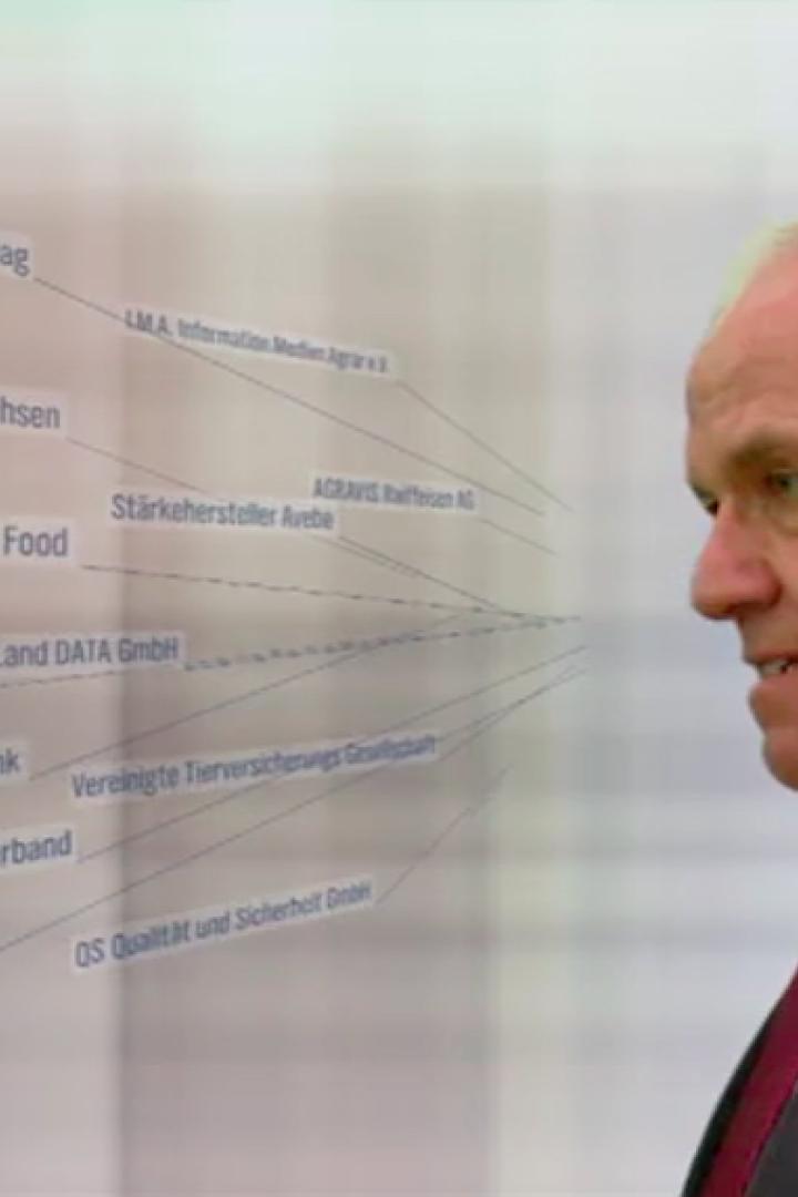 Ein Mann im Anzug steht vor einer Grafik mit Begriffen aus der Landwirtschaft.