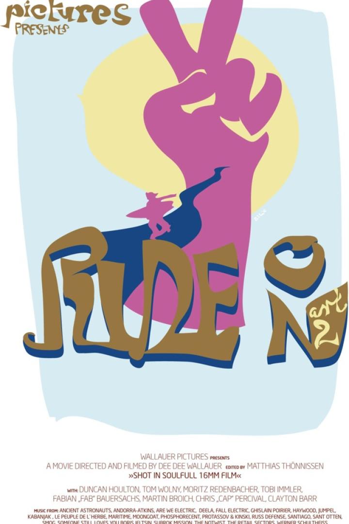 Das Filmplakat für „Ride On Art 2“ zeigt eine stilisierte Peace-Geste und einen Surfer.