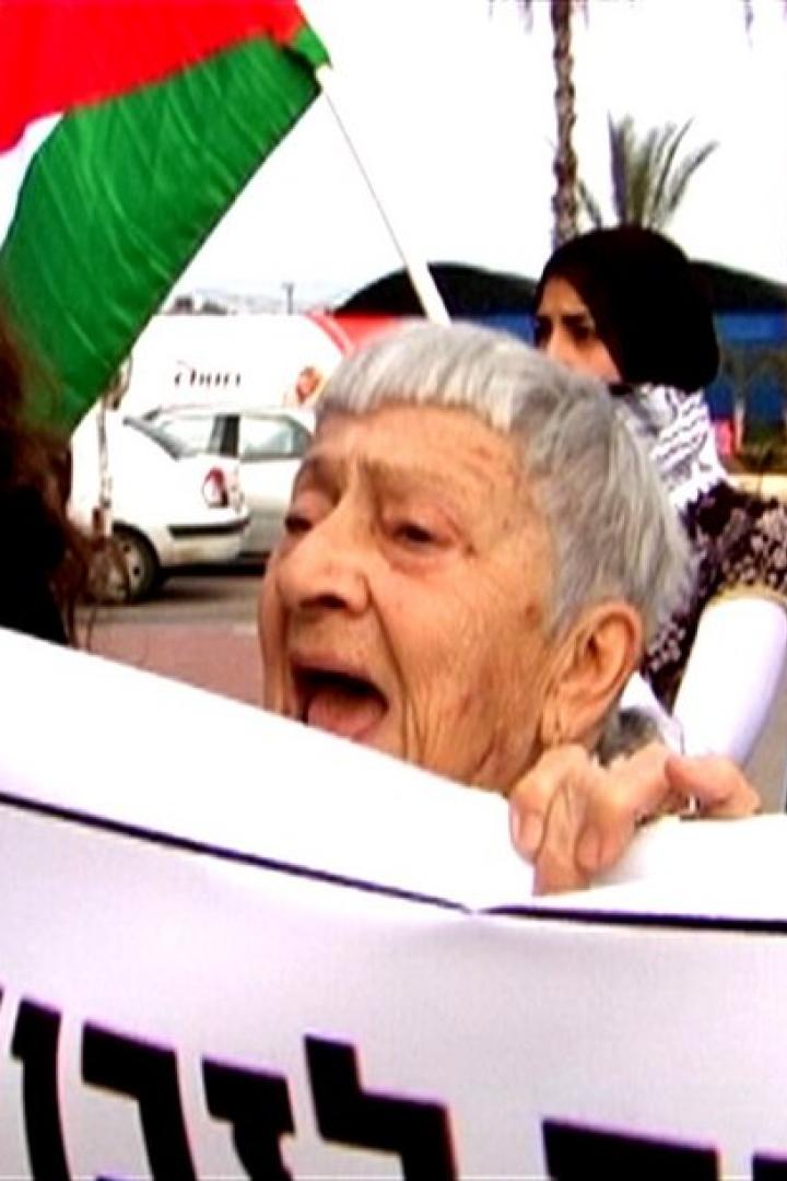 Eine Gruppe von Demonstranten hält ein Transparent mit hebräischer Schrift und eine palästinensische Flagge.