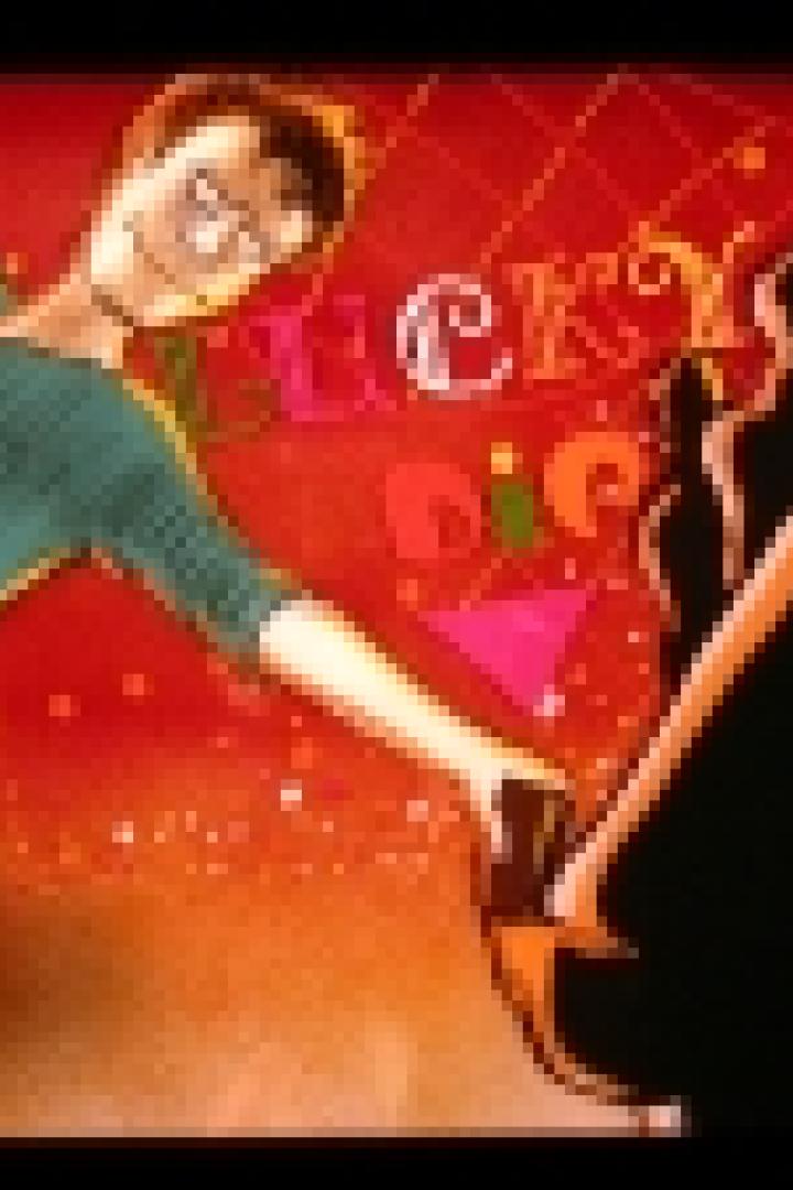 Eine stilisierte Darstellung einer Frau vor einer belebten Bar oder einem Club.