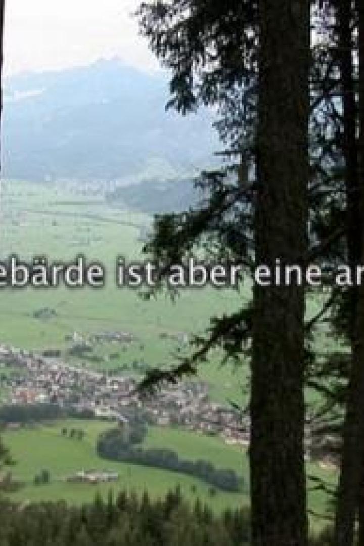 Blick durch Bäume auf eine grüne Landschaft mit einem Dorf.