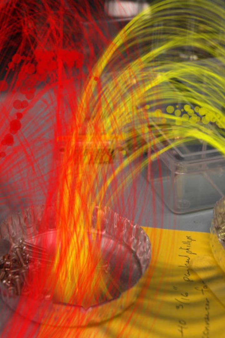 Zwei Schalen mit Schrauben, hervorgehoben durch rote und gelbe Lichteffekte.