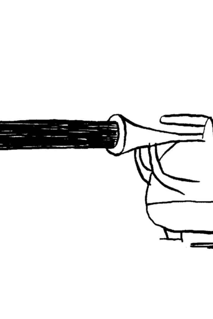 Eine stilisierte Figur zielt mit einem Trichter, aus dem eine schwarze Röhre kommt.