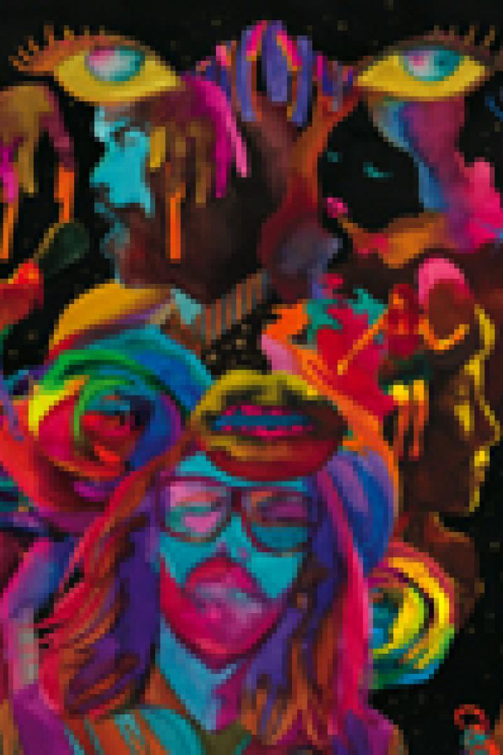 Ein farbenfrohes, psychedelisches Porträt mit verschiedenen Gesichtern und Symbolen auf schwarzem Hintergrund.