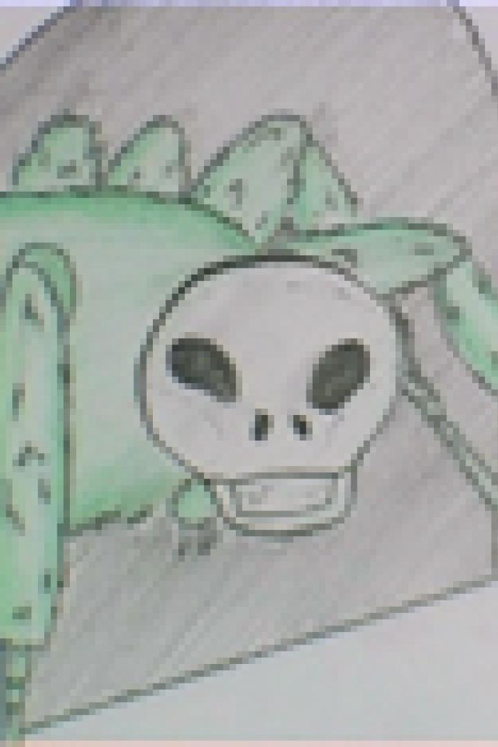 Eine grüne Spinne mit einem Totenkopf als Gesicht klettert an einer Wand.