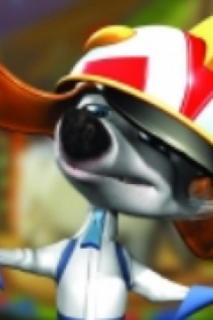 Ein Cartoon-Hund mit einem rot-weiß gestreiften Hut und braunen Ohren steht da.