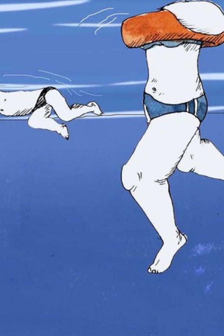 Mehrere Comicfiguren mit Schwimmreifen schwimmen im blauen Wasser.