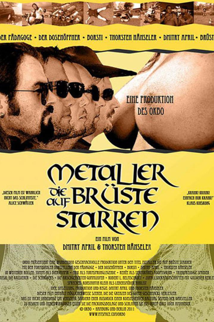 Das Filmplakat zu „Metaller auf Brüste starren“ zeigt vier Männer und eine nackte Frau.