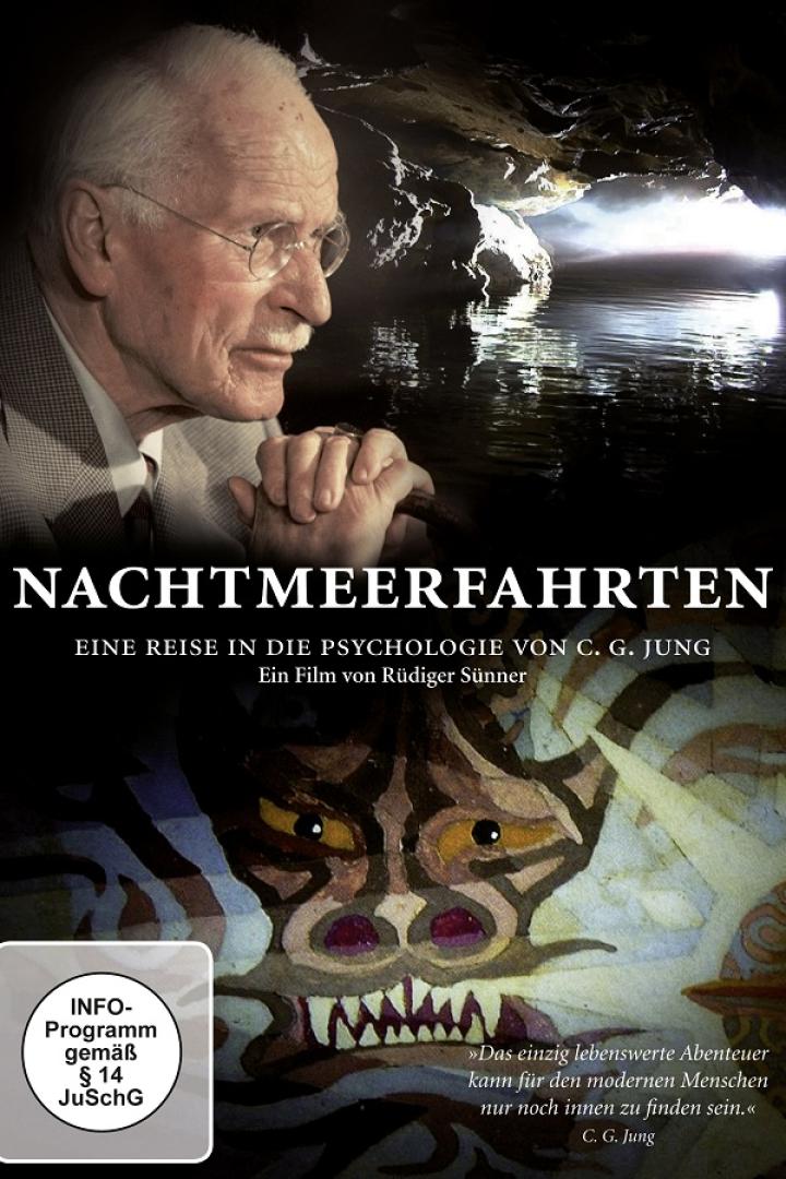 Das Filmplakat für „Nachtmeerfahrten“ zeigt C.G. Jung vor einer Höhle und einem stilisierten Drachen.