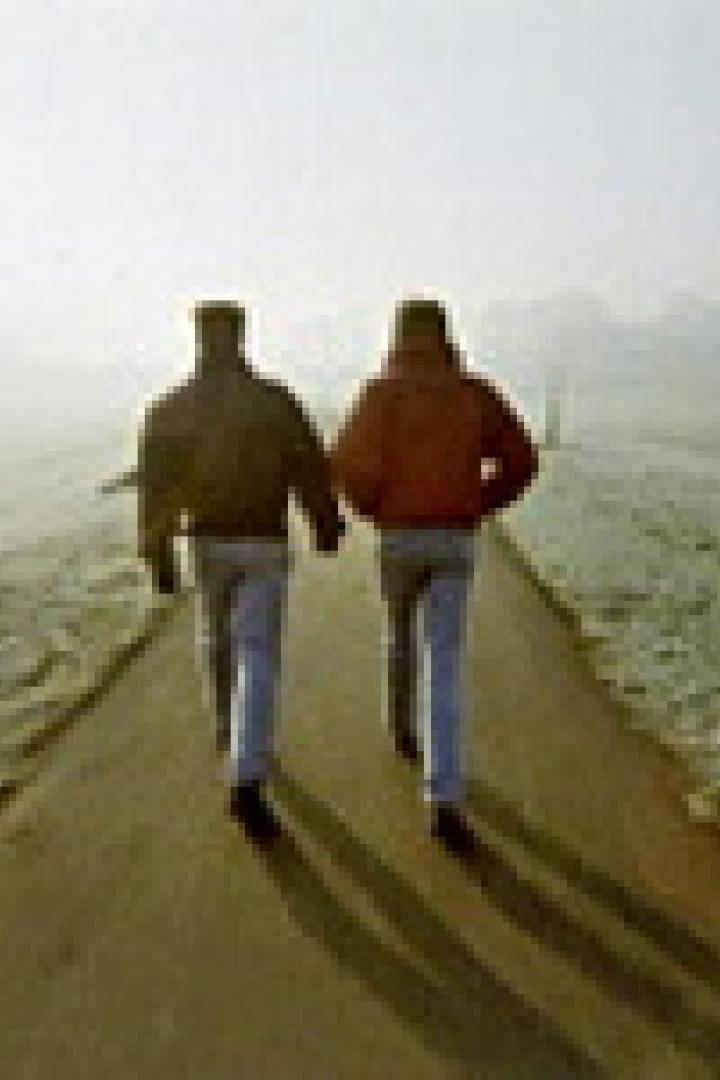 Zwei Männer gehen Hand in Hand auf einem Weg in einem Park.