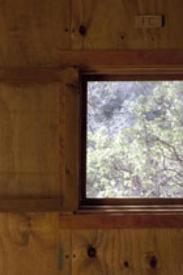 Ein kleines, hölzernes Fenster ist teilweise geöffnet und gibt den Blick auf Bäume frei.
