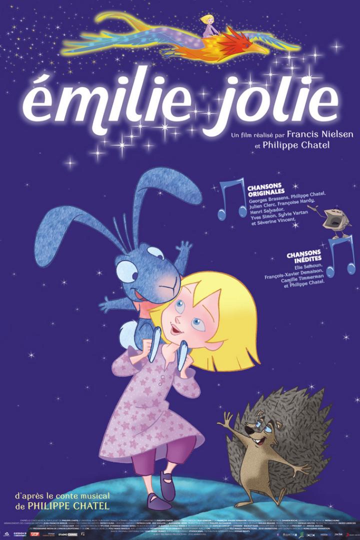 Das Filmplakat für „Émilie Jolie“ zeigt Émilie mit einem blauen Hasen und einem Igel vor einem sternenklaren Himmel.