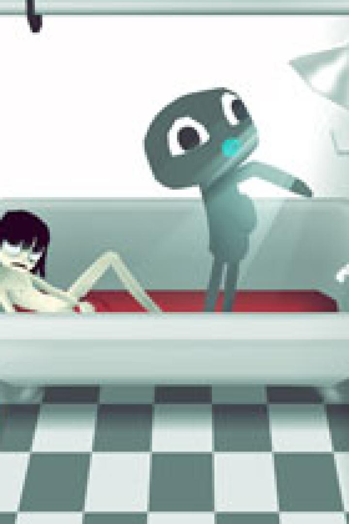 Eine stilisierte Szene zeigt eine Frau in einer Badewanne und eine kleine graue Figur im Badezimmer.