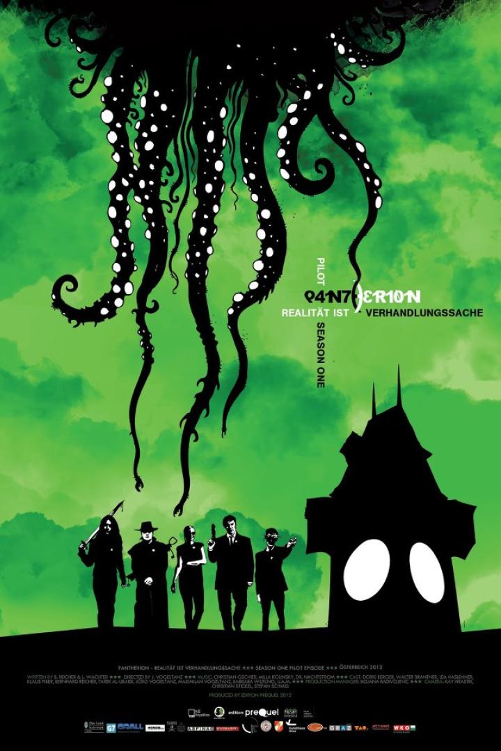 Ein stilisierter Filmposter mit Tentakeln, einer Gruppe von Leuten und einem Haus im Schattenriss vor grünem Hintergrund.