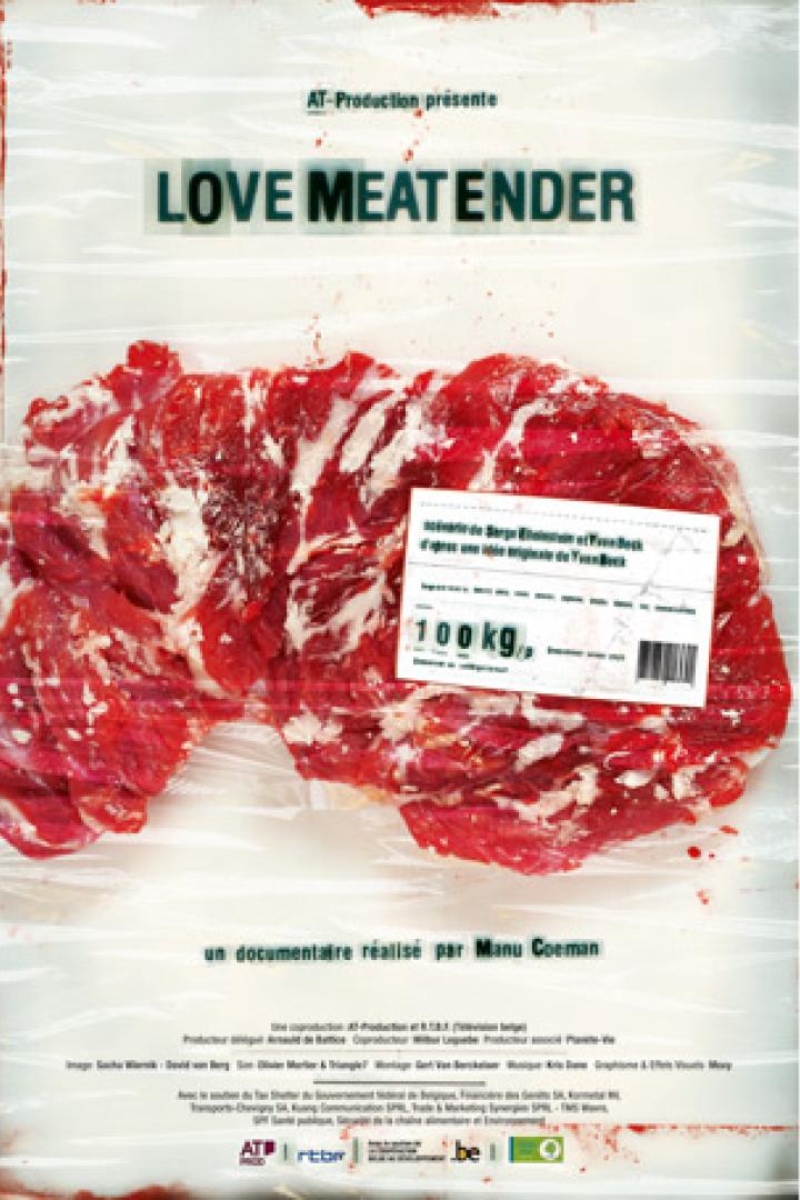 Das Filmplakat für den Dokumentarfilm „Love Meat Ender“ zeigt ein großes Stück rohes Fleisch.