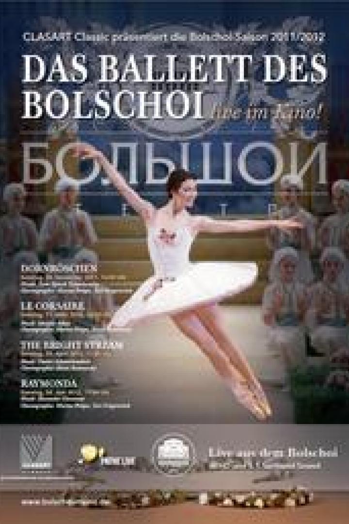 Eine Ballerina tanzt vor dem Bolschoi-Ballett auf einem Werbeplakat.