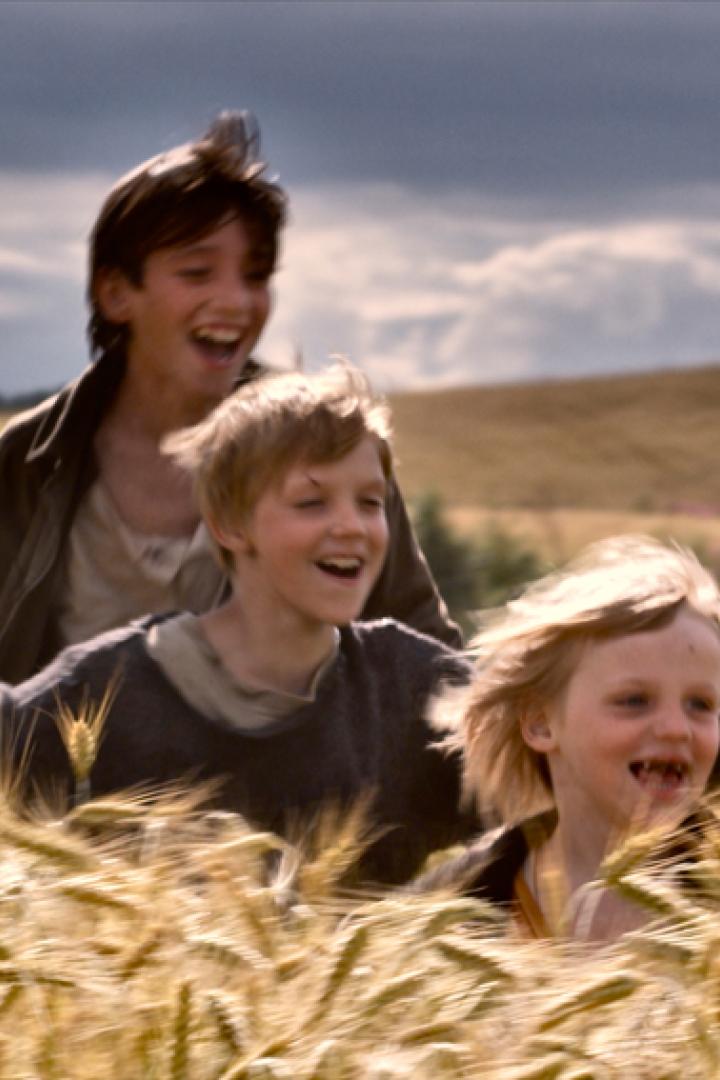 Drei lachende Jungen rennen durch ein goldenes Weizenfeld.
