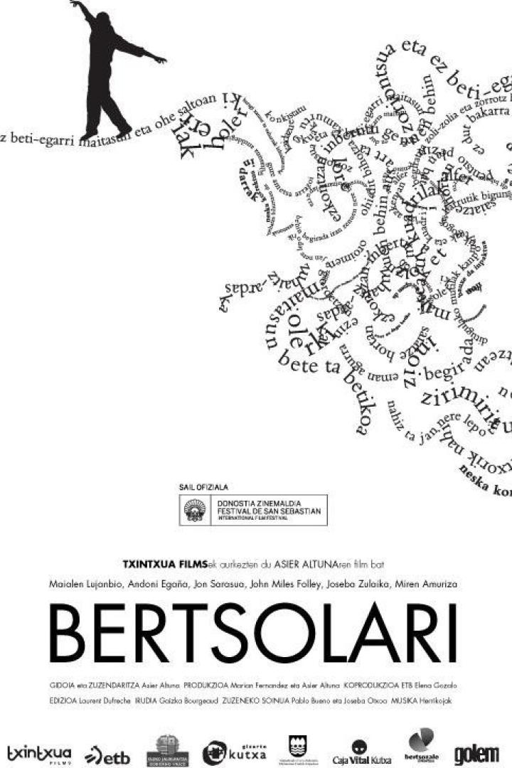 Das Filmplakat für „Bertsolari“ zeigt eine Silhouette auf einem Meer aus Wörtern.