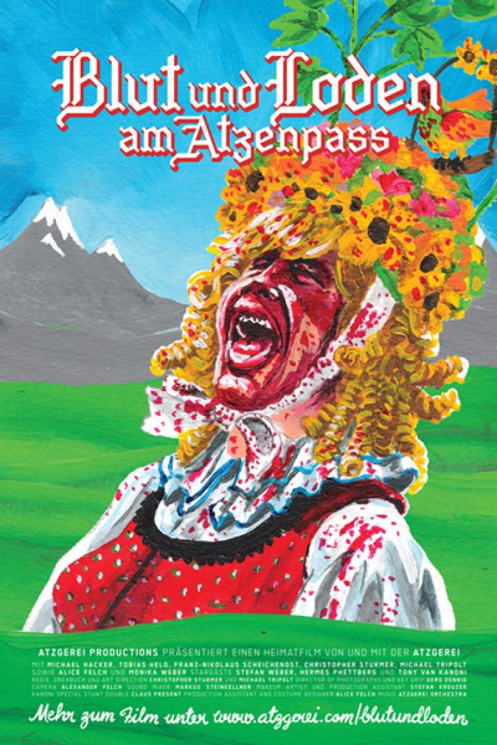 Das Filmplakat zu „Blut und Loden am Atzenpass“ zeigt eine schreiende, blutverschmierte Person in Tracht.