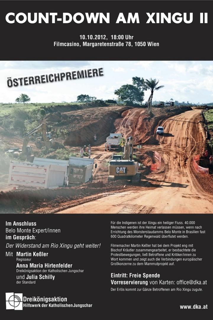 Plakat für „Count-Down am Xingu II“ mit einer Baustelle am Rio Xingu im Hintergrund.