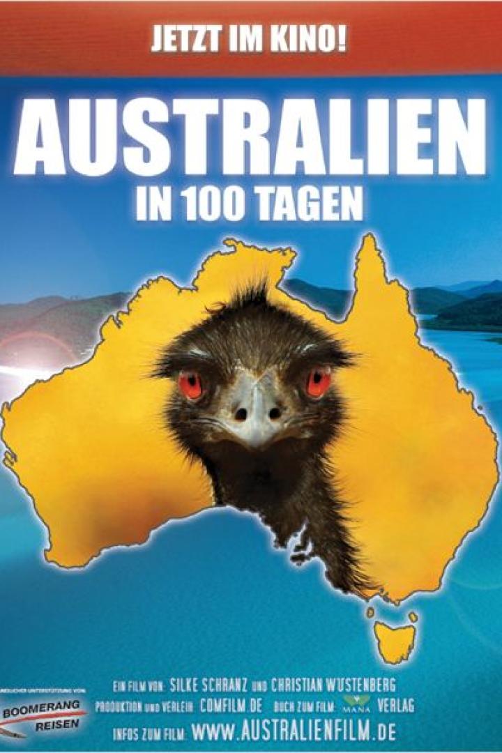Ein Filmposter für „Australien in 100 Tagen“ mit einem Emukopf vor einer Karte von Australien.