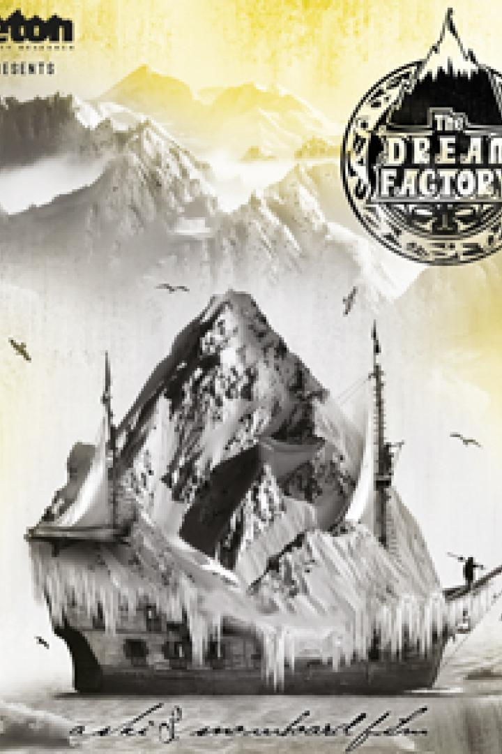 Das Cover des Films „The Dream Factory“ zeigt ein Schiff mit einem Berg darauf vor einer Bergkulisse.