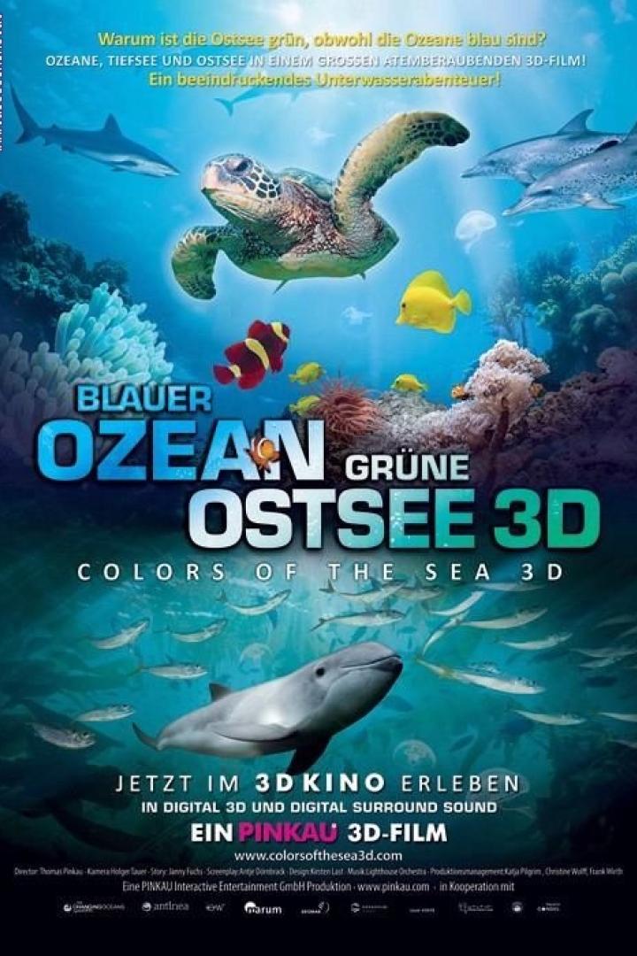 Das Poster für den 3D-Film „Blauer Ozean Grüne Ostsee“ zeigt eine Unterwasserwelt mit verschiedenen Meeresbewohnern.