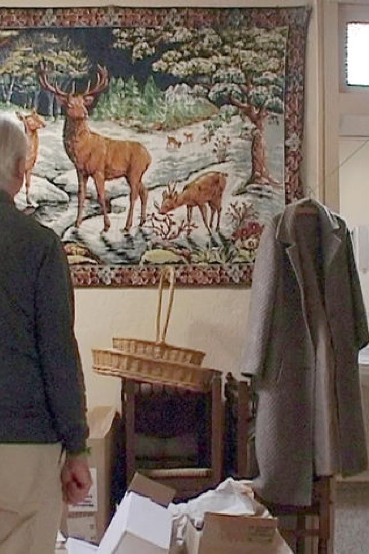 Ein Mann betrachtet einen Wandteppich mit einer Hirschdarstellung.