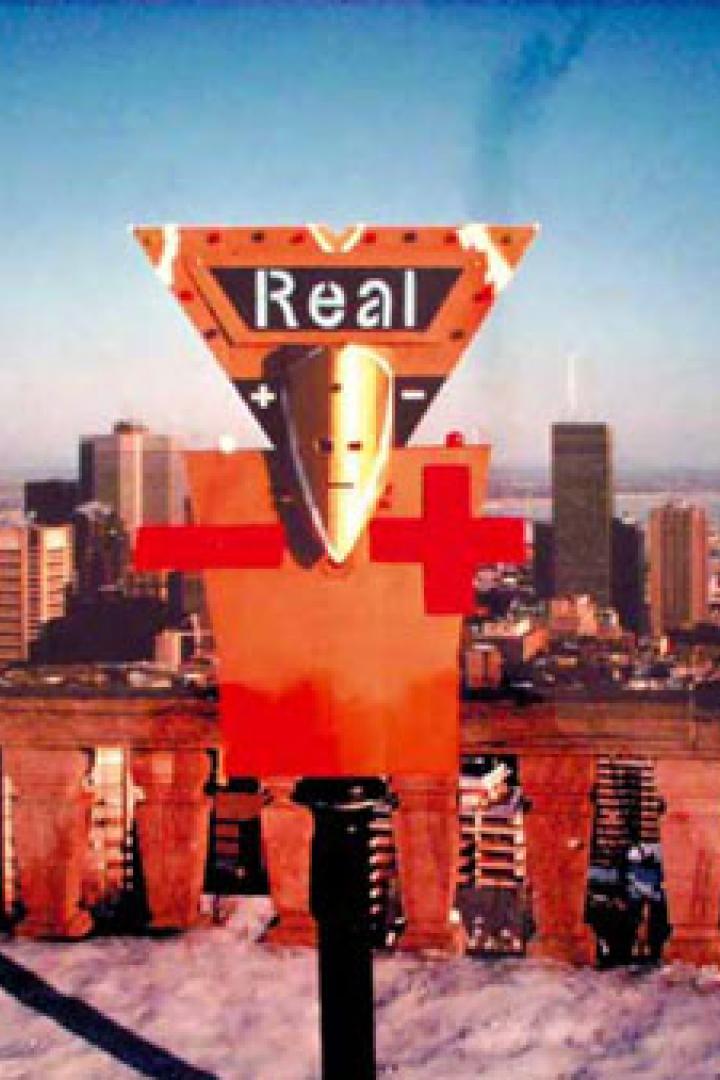 Eine surreale Szene mit einem Schild mit der Aufschrift „Real“ vor einer Stadtkulisse.