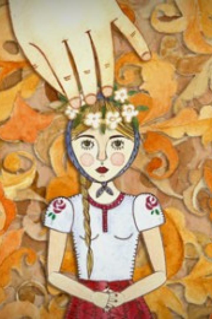Eine Illustration einer jungen Frau mit Blumenkranz, deren Kopf von einer Hand berührt wird.