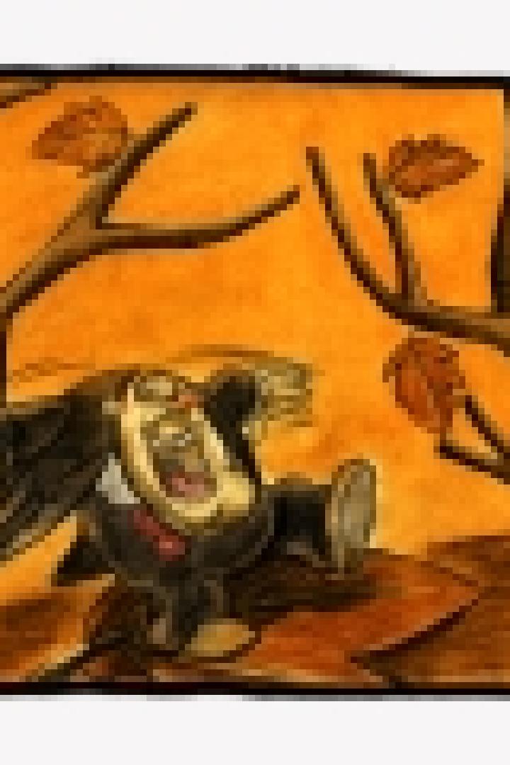 Ein Mann im Anzug rennt mit weit geöffnetem Mund durch einen herbstlichen Wald.