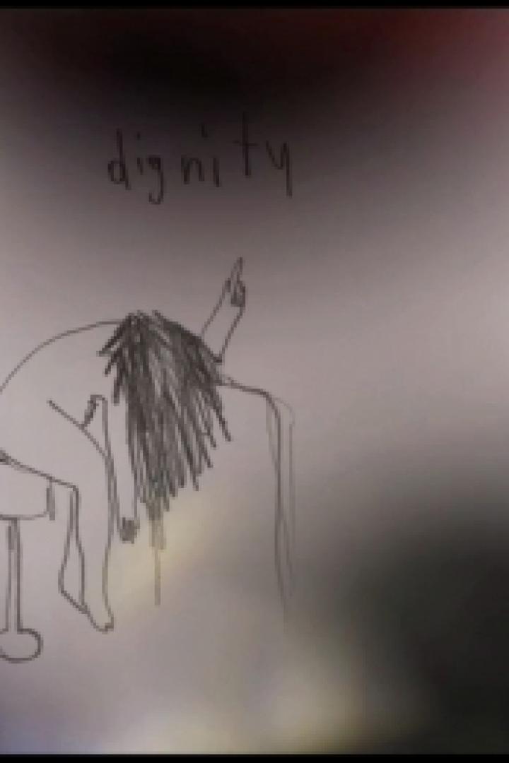 Eine gezeichnete Figur sitzt auf einem Hocker, den Kopf gesenkt, mit dem Wort „Würde“ darüber.