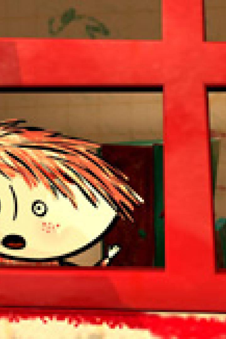 Ein Cartoon-Junge blickt erschrocken aus einem Fenster auf ein Feuerwerk.