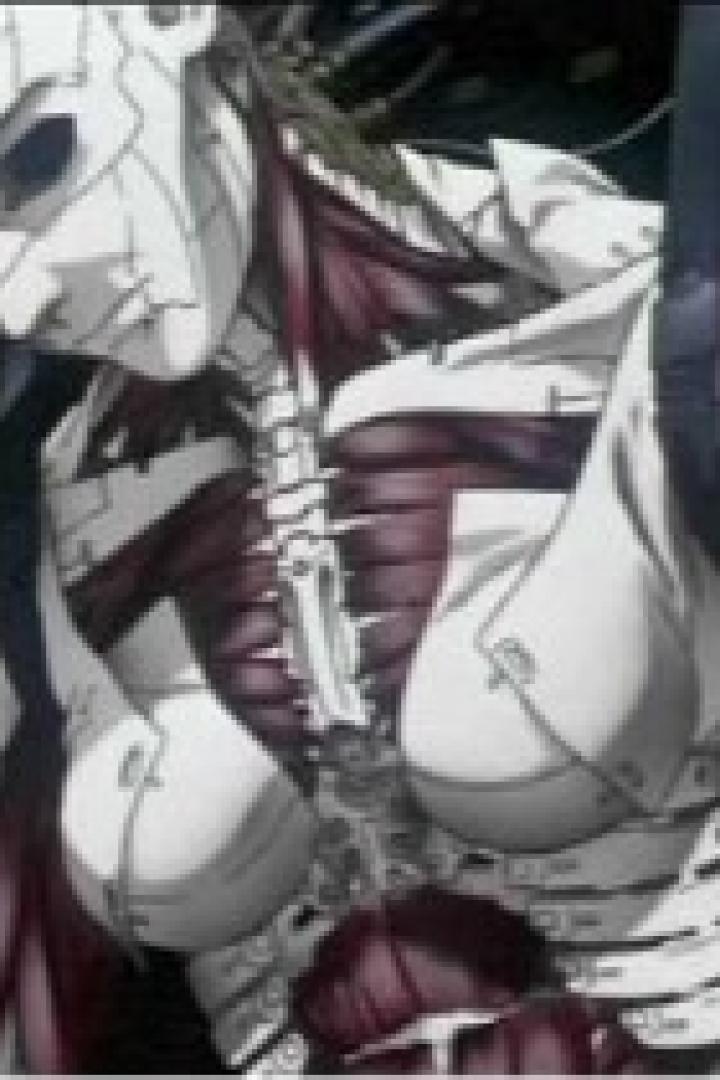 Eine Roboter-ähnliche Figur mit freiliegenden Muskeln und mechanischen Teilen.