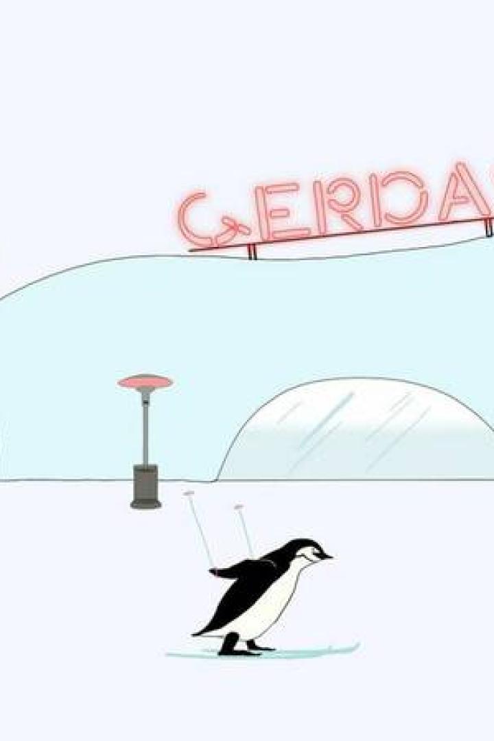 Ein Pinguin fährt vor einem Iglu mit der Aufschrift „Gerda's“ Ski.