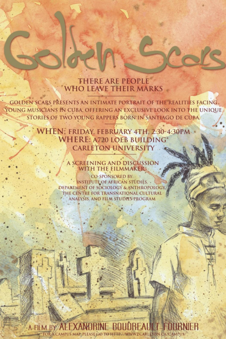 Ein Veranstaltungsplakat für den Film „Golden Scars“ über junge Musiker in Kuba.