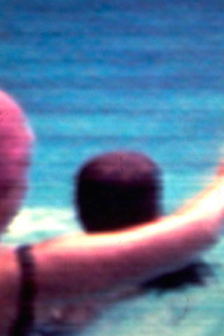 Zwei Personen schwimmen im blauen Wasser.