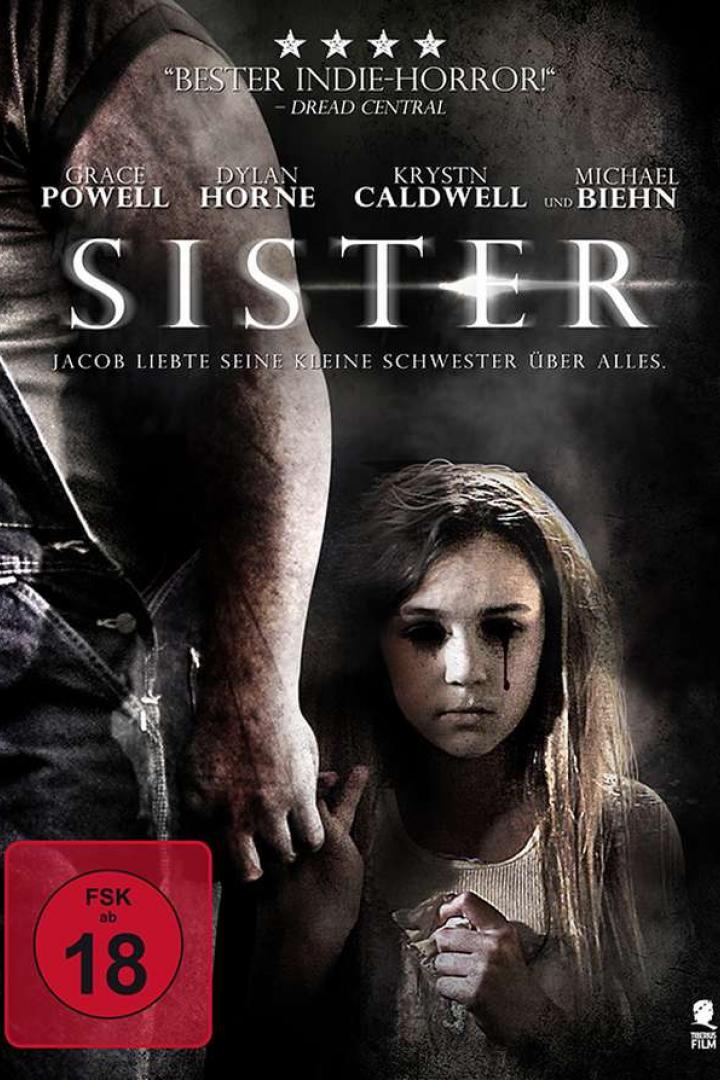 Das Filmplakat für „Sister“ zeigt ein Mädchen mit dunklen Tränen neben einem Mann.