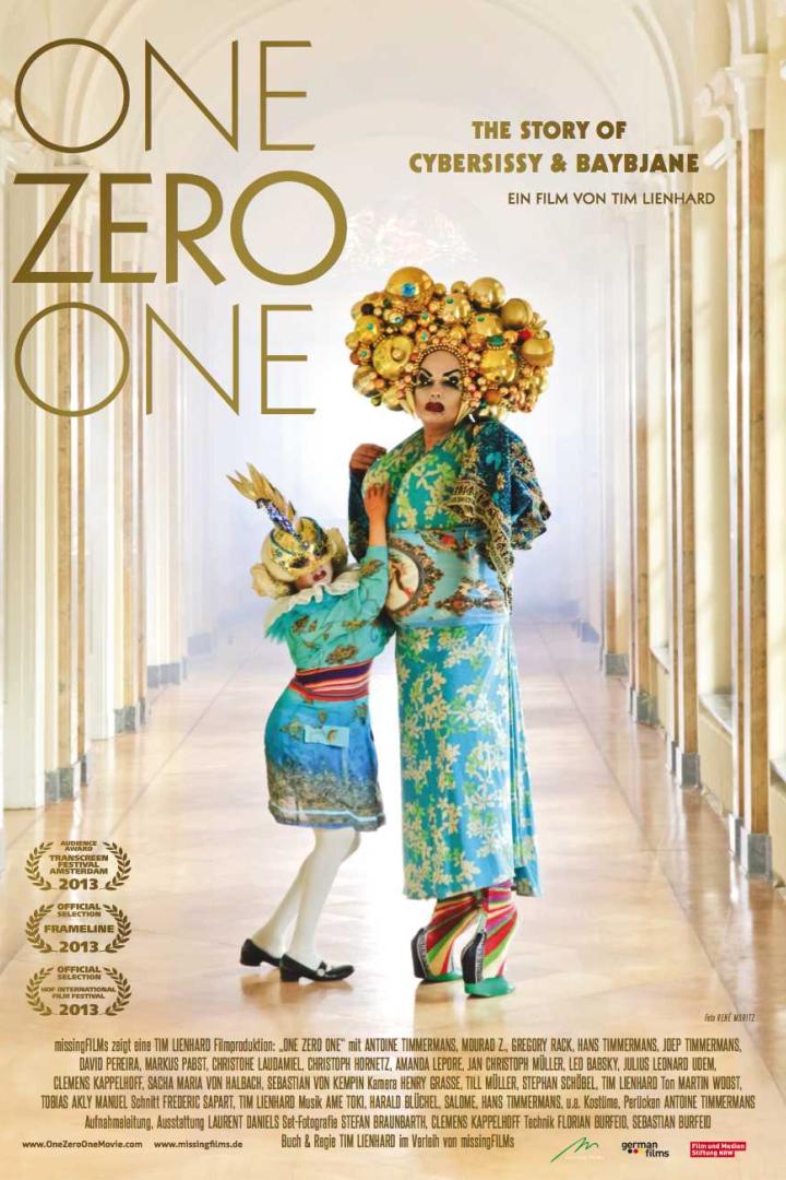 Das Filmplakat zu „One Zero One“ zeigt zwei extravagante Figuren in einem hellen Gang.