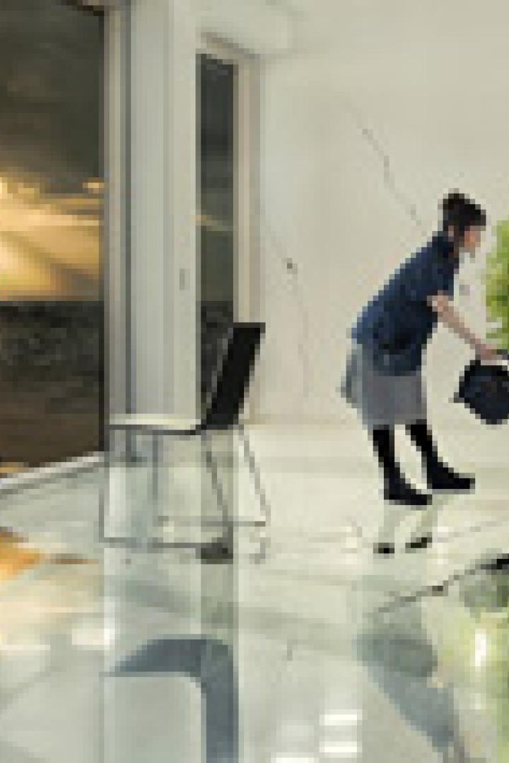 Eine Frau gießt einen Baum, der in einem hellen Raum mit großem Fenster wächst.